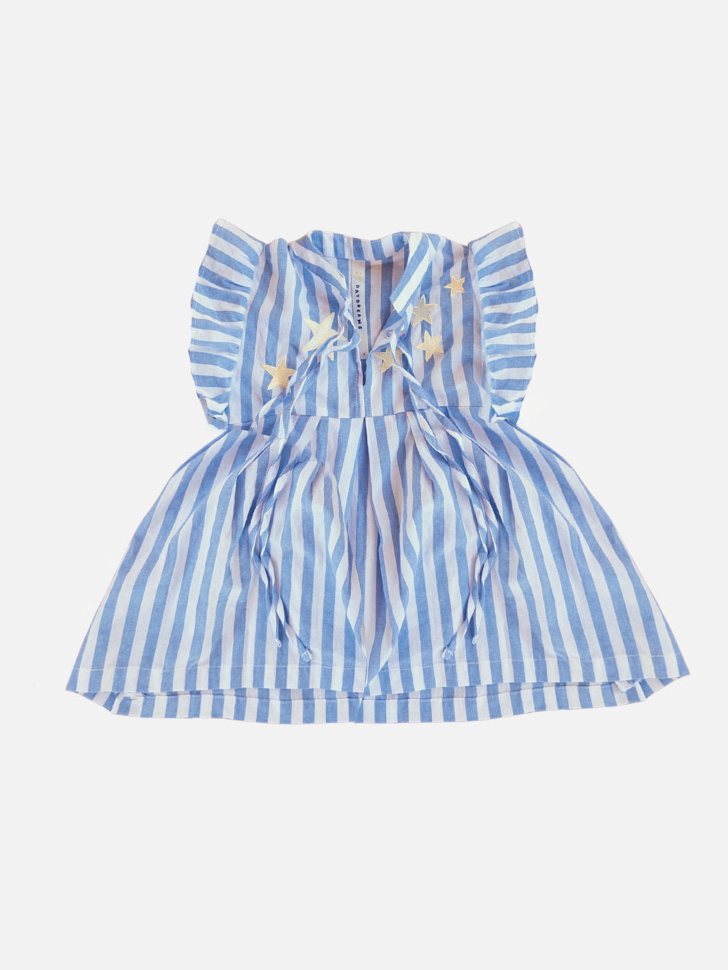 Blue and white striped dress with star patterns on a white background
