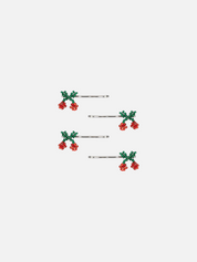 Set of five hair pins with cherry bead designs on a white background