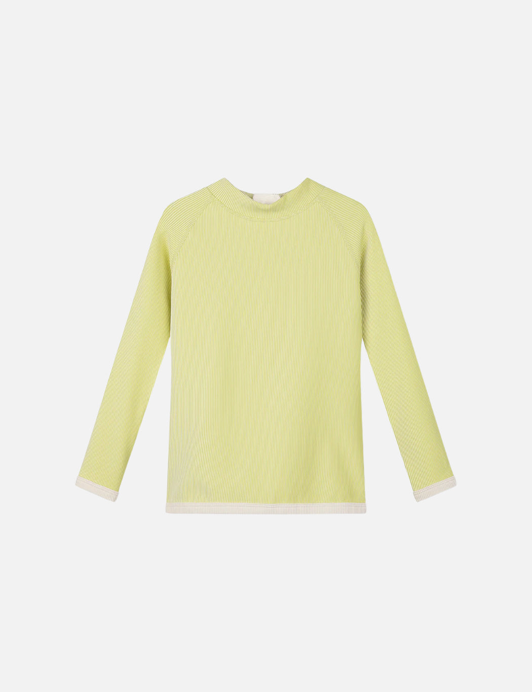 A long sleeve yellow rash guard with white stripes on the rib and a small white stripe on top.