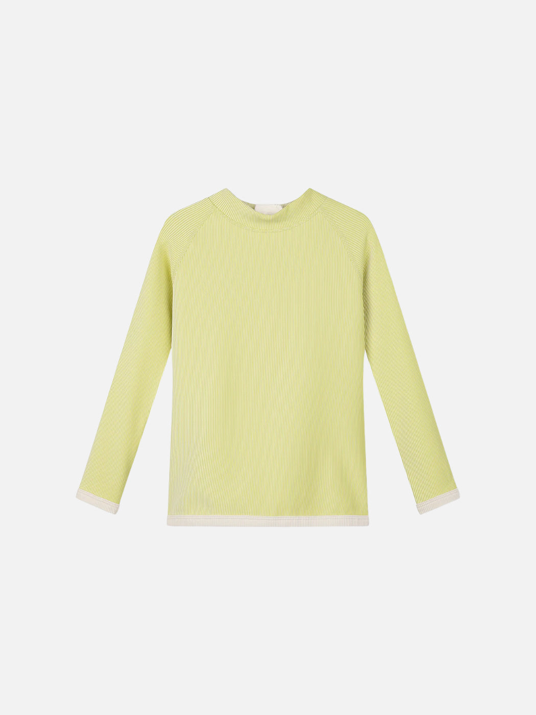 A long sleeve yellow rash guard with white stripes on the rib and a small white stripe on top.