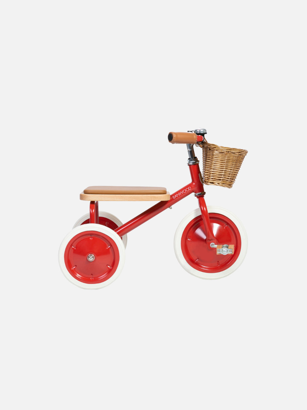 Red metal trike with a wicker basket and wooden seat.