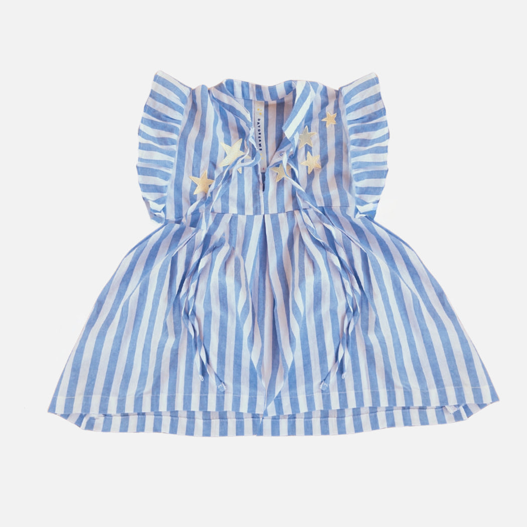 Blue and white striped dress with star patterns on a white background