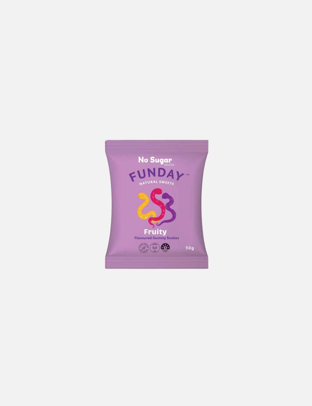 Purple package of Funday natural sweets on a white background