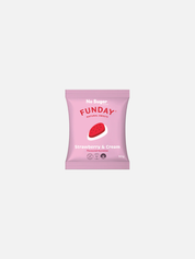 Pink package of Funday strawberry and cream flavor on a white background