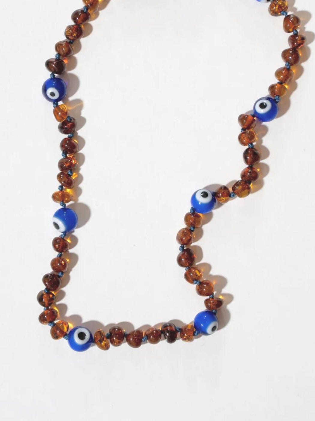 Amber + Glass Bead Necklace - Evil Eye