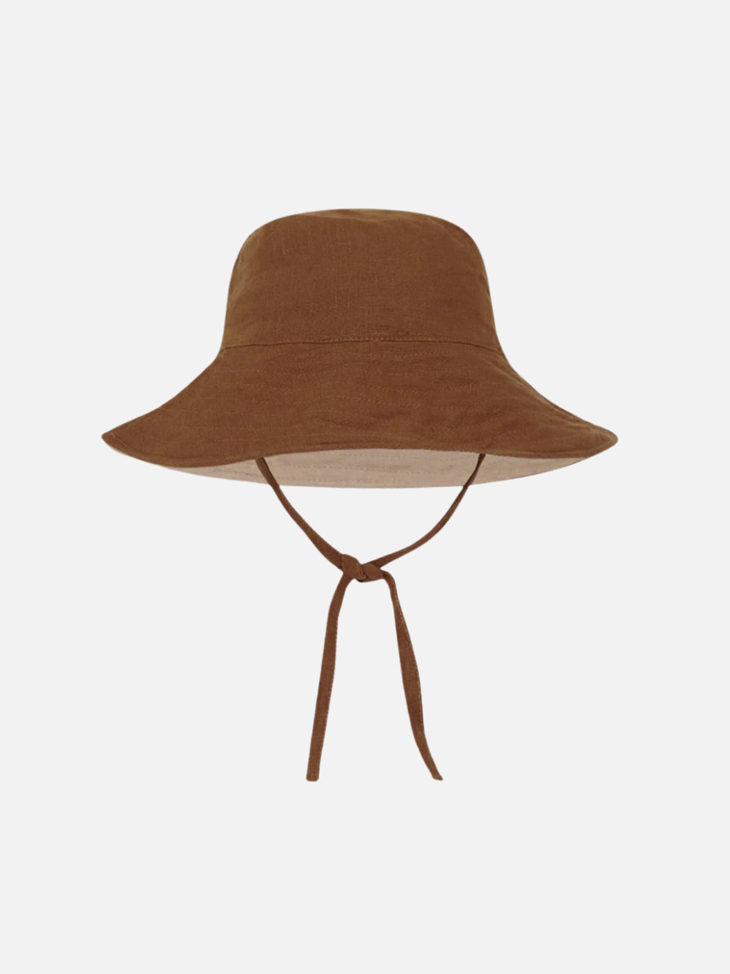 Summer and Storm brown linen sunhat with a wire rim and ties under the chin